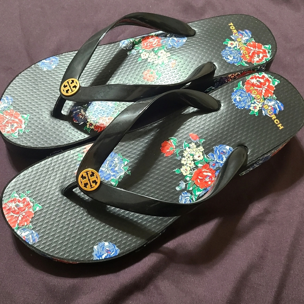 Tory Burch Black Tea Rose Flip Flops